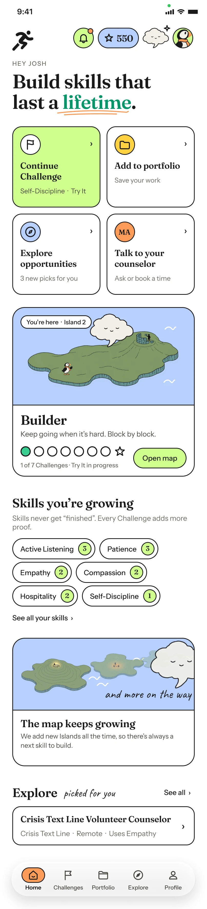 Josh's Home screen in the Nextreks app: continue a Challenge, add to the portfolio, explore opportunities, and the Island he is on.