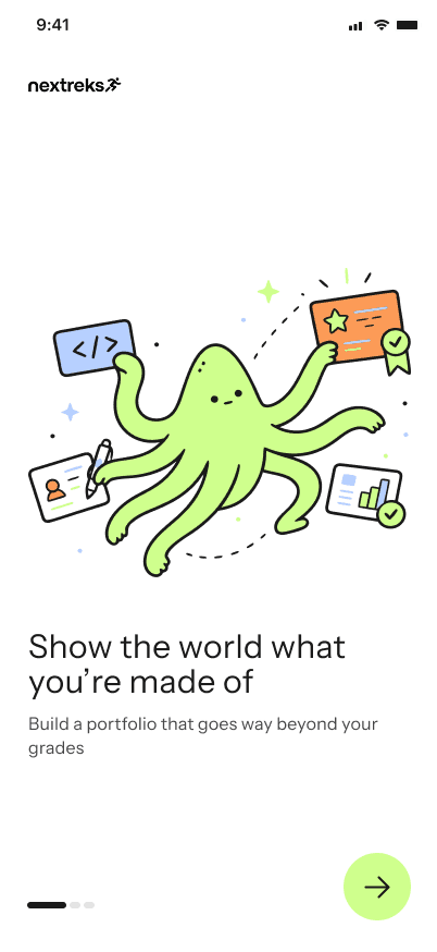 The Nextreks app with a green Ink octopus juggling a portfolio of work and credentials